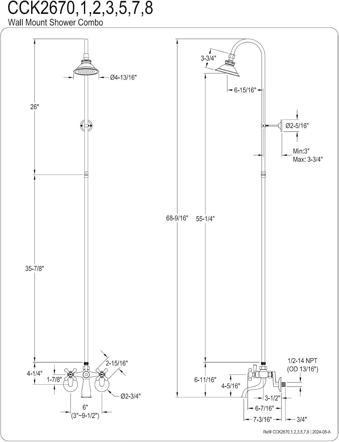 Kingston Brass Vintage Two-Handle 2-Hole Wall Mount Clawfoot Tub Faucet Package with Shower Combo