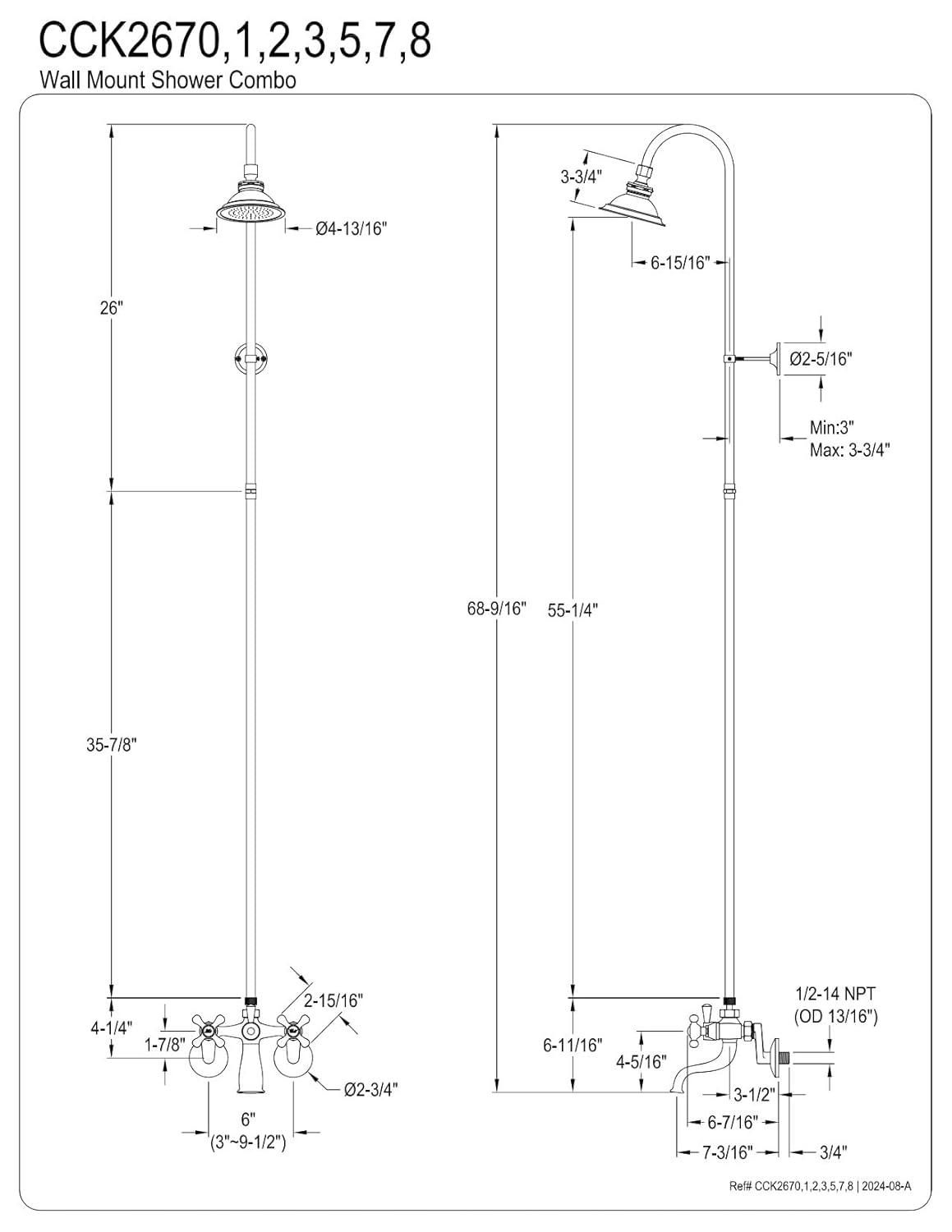 Kingston Brass Vintage Two-Handle 2-Hole Wall Mount Clawfoot Tub Faucet Package with Shower Combo