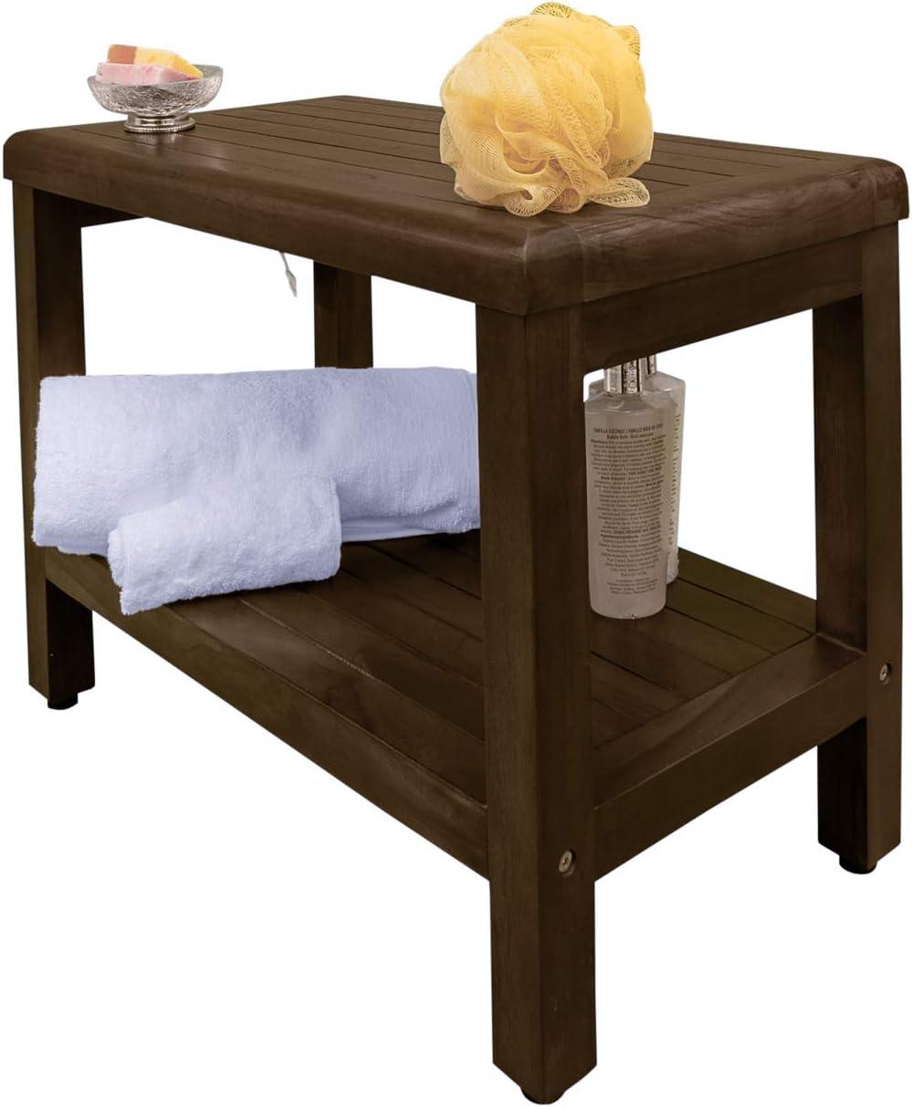 24" Brown Teak Shower Bench with Shelf