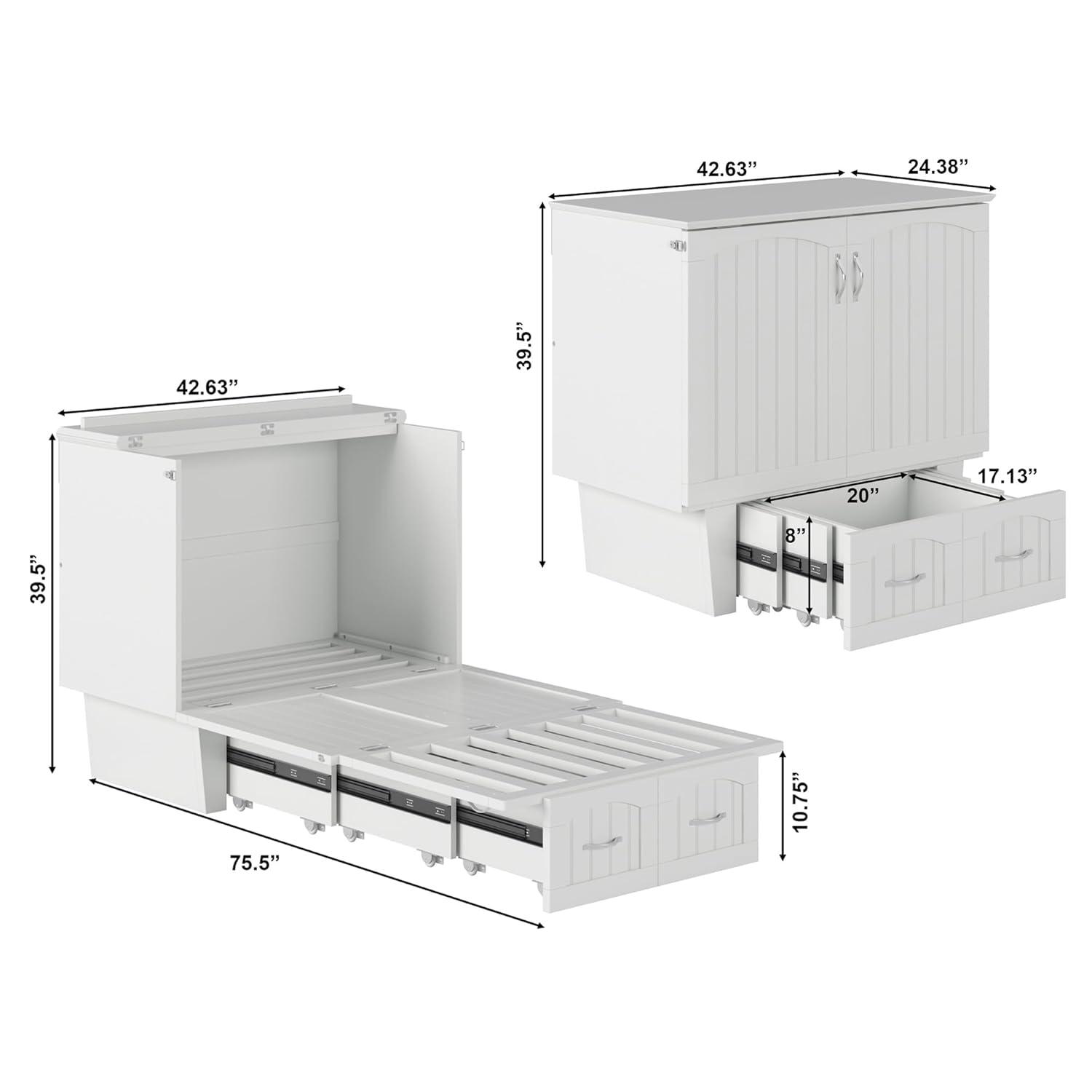 Nantucket Murphy Bed Chest Twin in White with Charging Station & Coolsoft Mattress