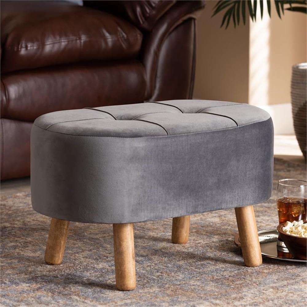 Simone Velvet Upholstered Wood Ottoman Gray/Natural - Baxton Studio