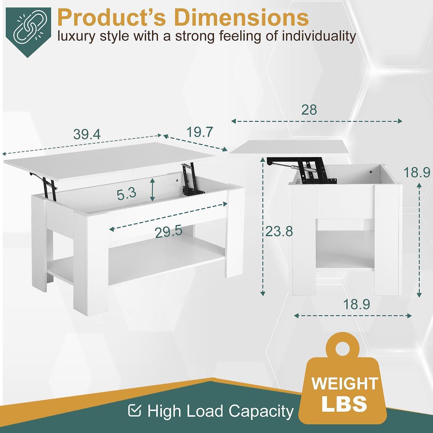 FDW Coffee Tables with Hidden Compartment and Storage Shelf Wooden Lift Tabletop Dining Table for Living Room Home (White)