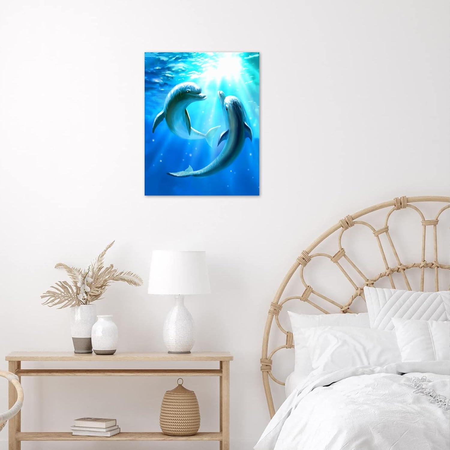 HVEST Dolphin Canvas Wall Art Cute Dolphins Playing Under Sea with Sunshine Picture Printing Artwork for Living Room Bedroom Bathroom Wall Decor,Stretched and Framed Ready to Hang,12x16 Inches
