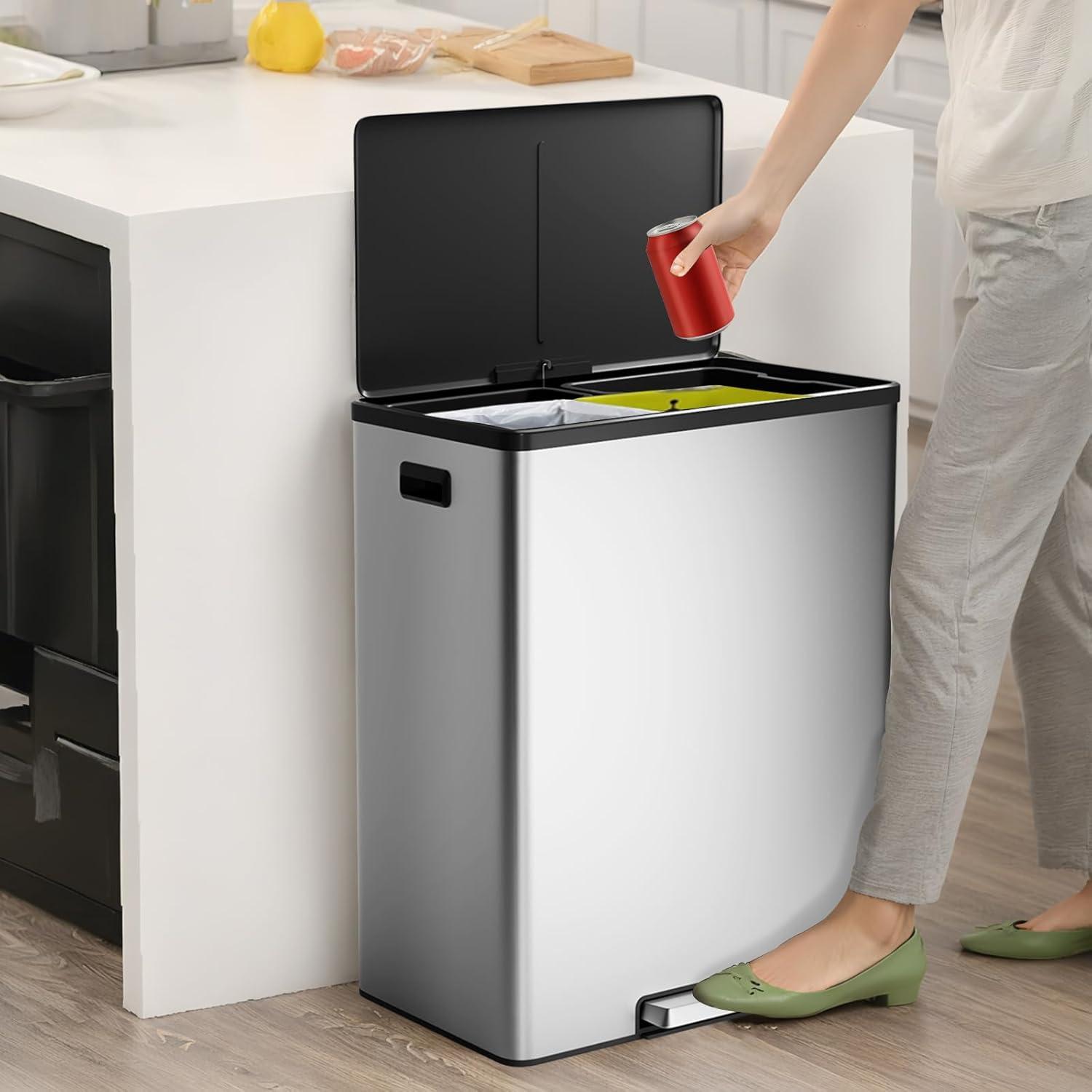 GlowSol Dual Trash Can for Recycling and Trash, Stainless Steel Kitchen Trash Can with Lid and Foot Pedal, Double Compartment Garbage Can, Trash Can with Recycling Bin (2 x 15 L)