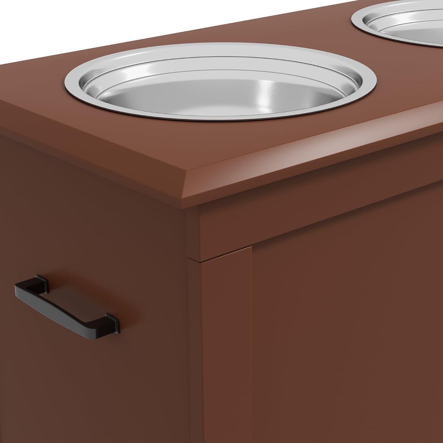 Raised Pet Feeding Storage Station with 2 Stainless Steel Bowls Base for Large Dogs and Other Large Pets, Brown