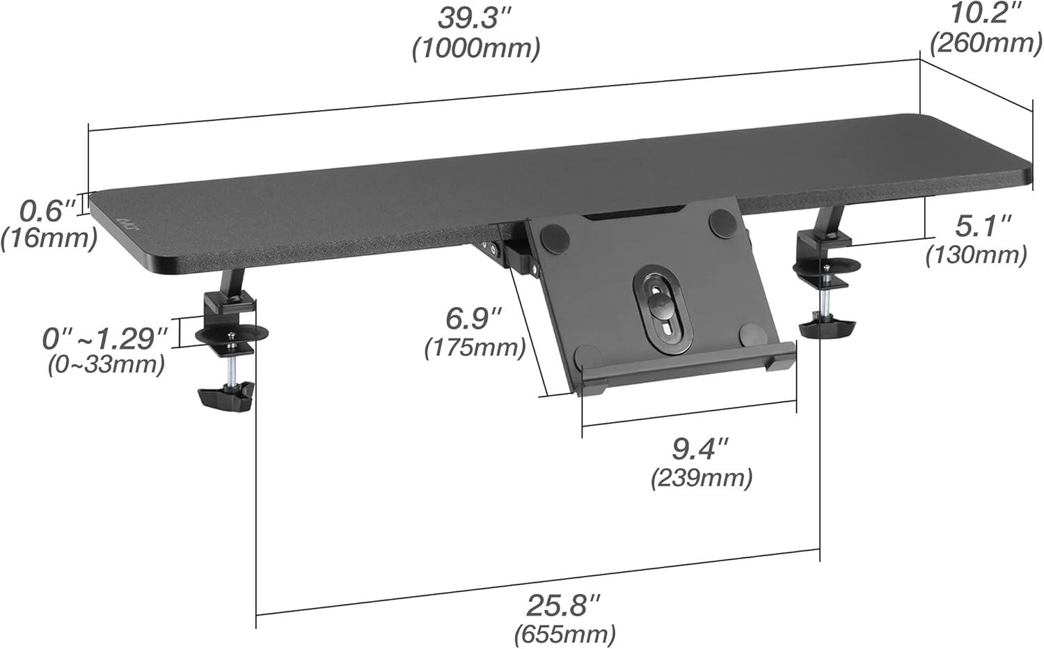 Black Dual Monitor Clamp-On Desk Shelf with Slide-Out Holder