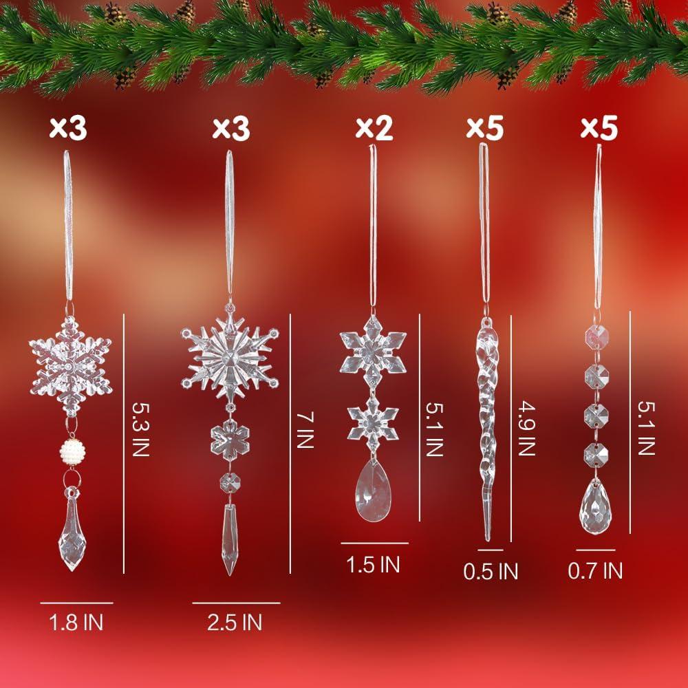 MGEZCOO Christmas Acrylic Snowflake and Icicle Ornaments Set, 18 Pieces - Crystal-Clear Holiday Tree Decorations