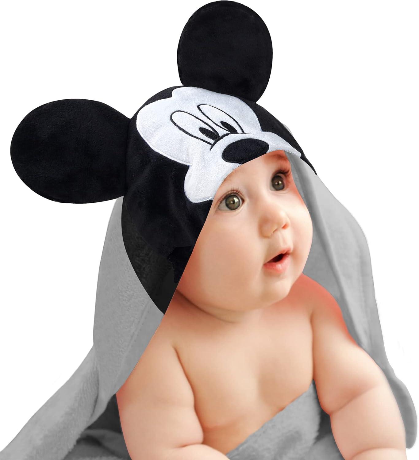 Lambs & Ivy Disney Baby Mickey Mouse Gray Cotton Hooded Baby Bath Towel