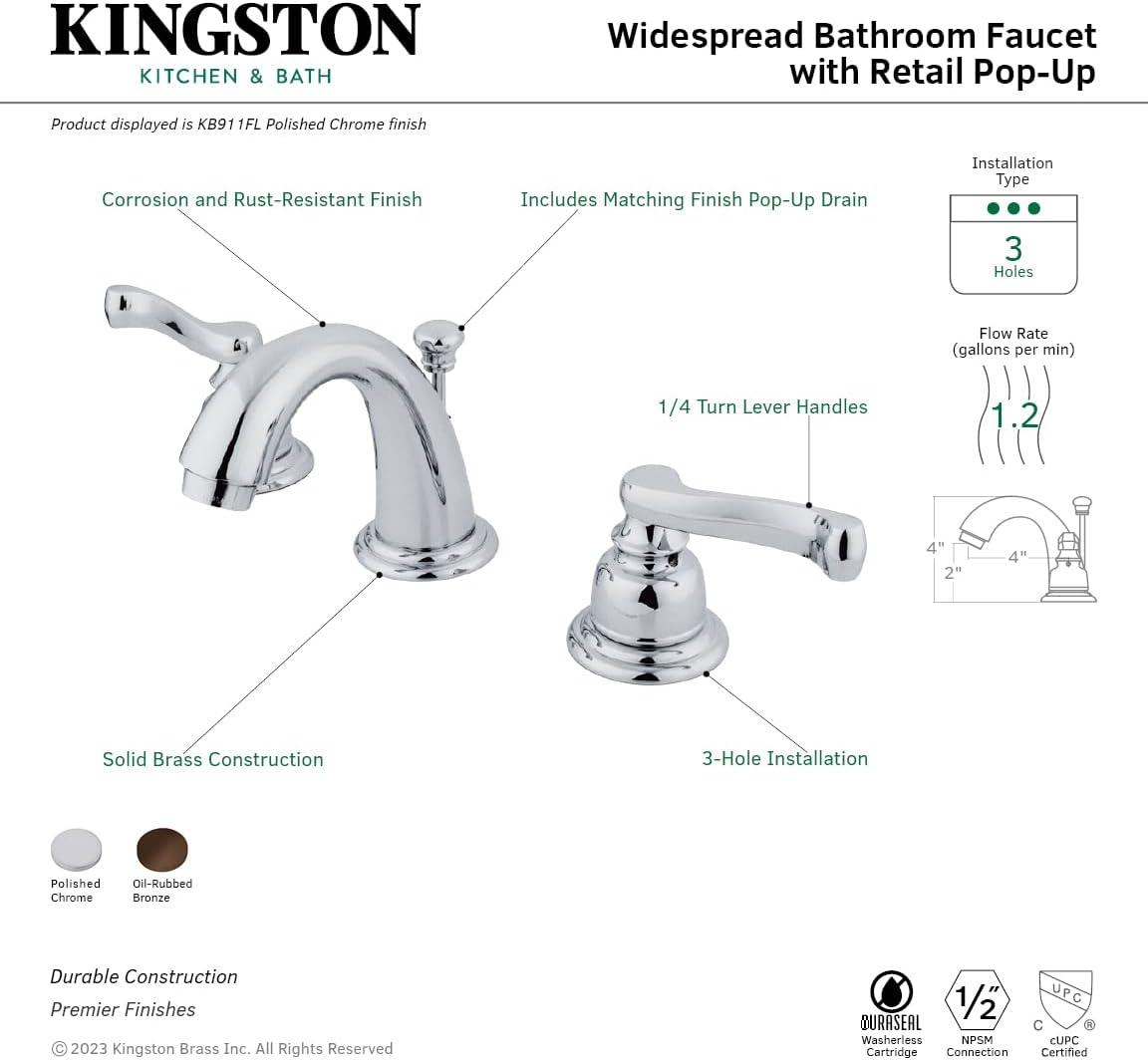 Kingston Brass Royale Two-Handle 3-Hole Deck Mount Widespread Bathroom Faucet with Retail Pop-Up Drain