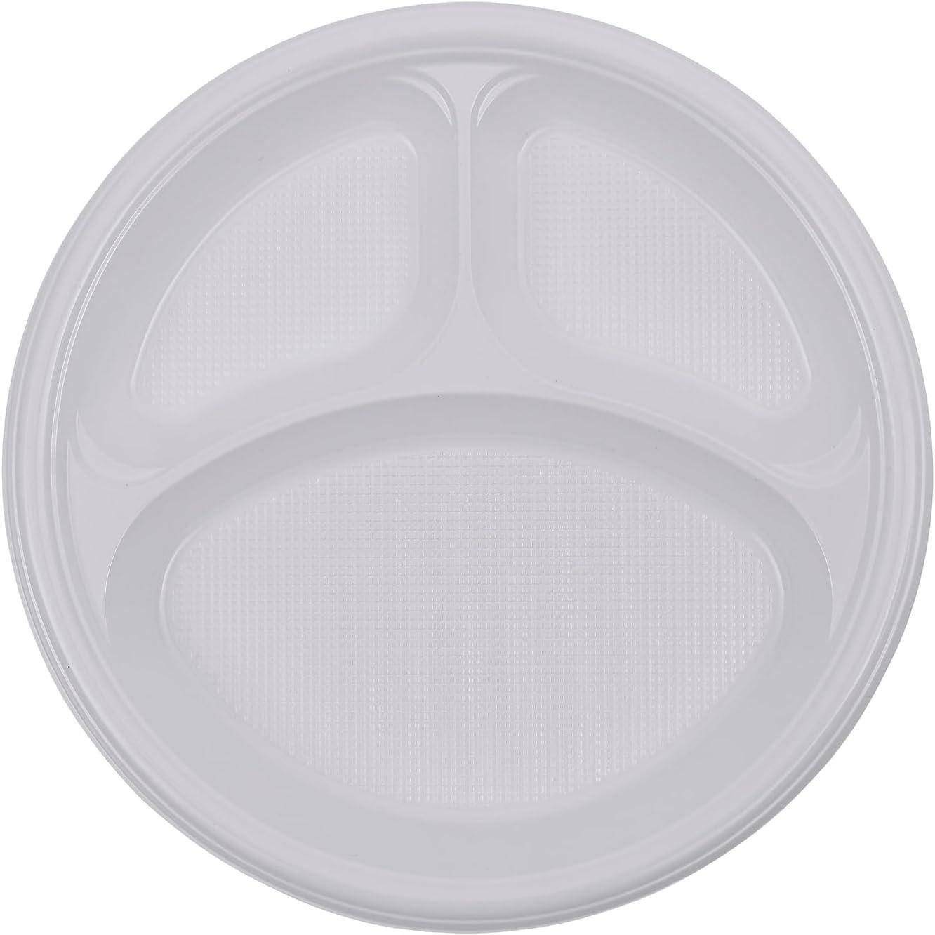 Boardwalk Hi-Impact Round Plastic Plate, 3-Compartment, 10" dia, White, 500/Carton