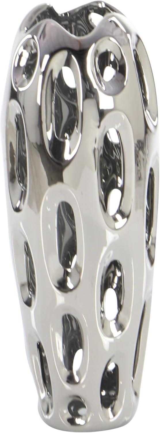 DecMode 16" Silver Ceramic Vase with Cut Out Designs