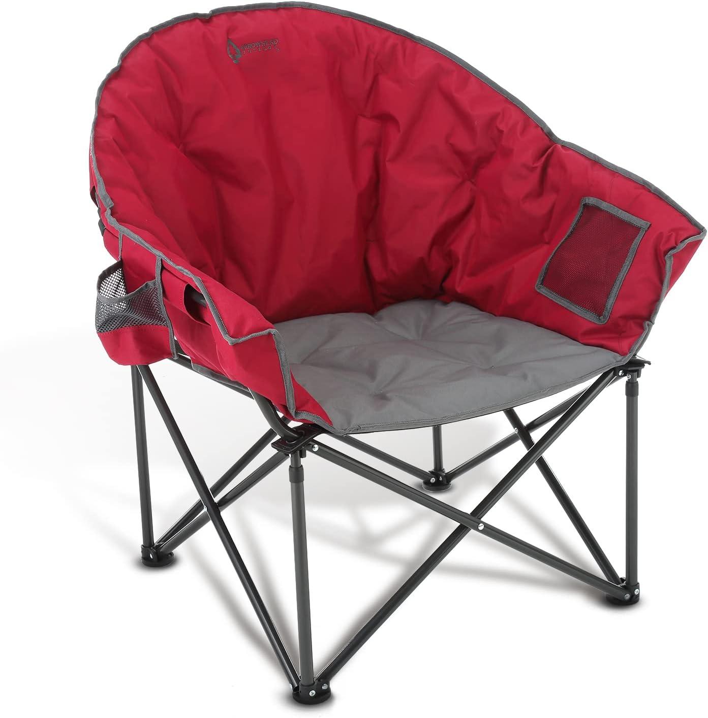 ARROWHEAD OUTDOOR Oversized Heavy-Duty Club Folding Camping Chair w/ External Pocket, Cup Holder, Portable, Padded, Moon, Round, Saucer, Supports 330lbs, Carrying Bag, USA-Based Support (Burgundy Red)
