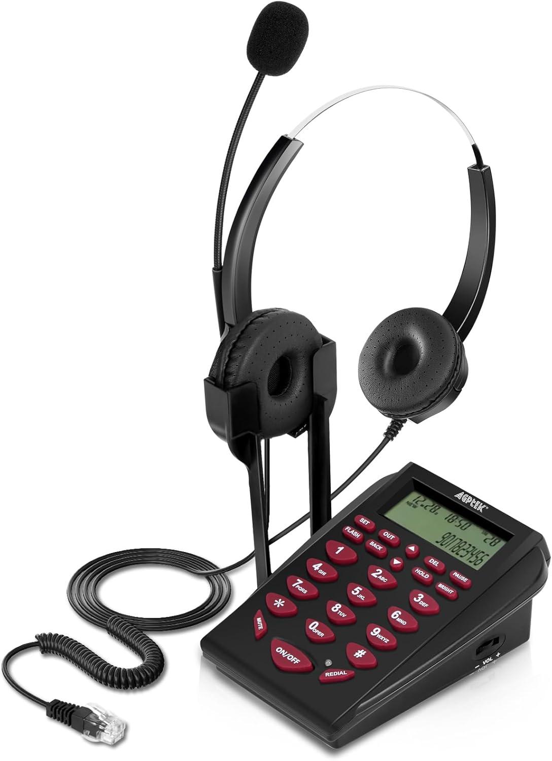 Black Corded Telephone with LCD Display and Binaural Headset