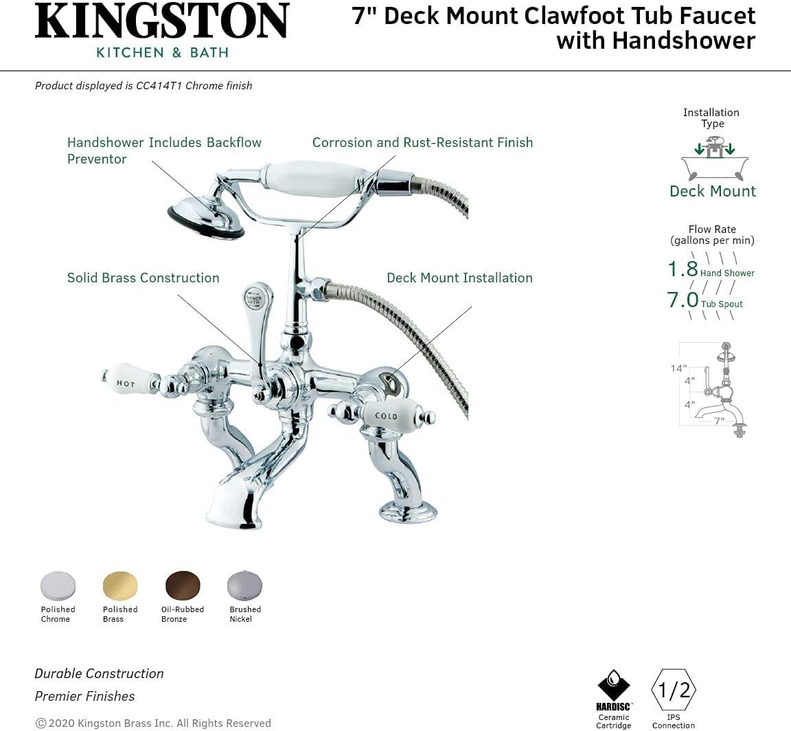 Kingston Brass Vintage Three-Handle 2-Hole Deck Mount Clawfoot Tub Faucet with Hand Shower