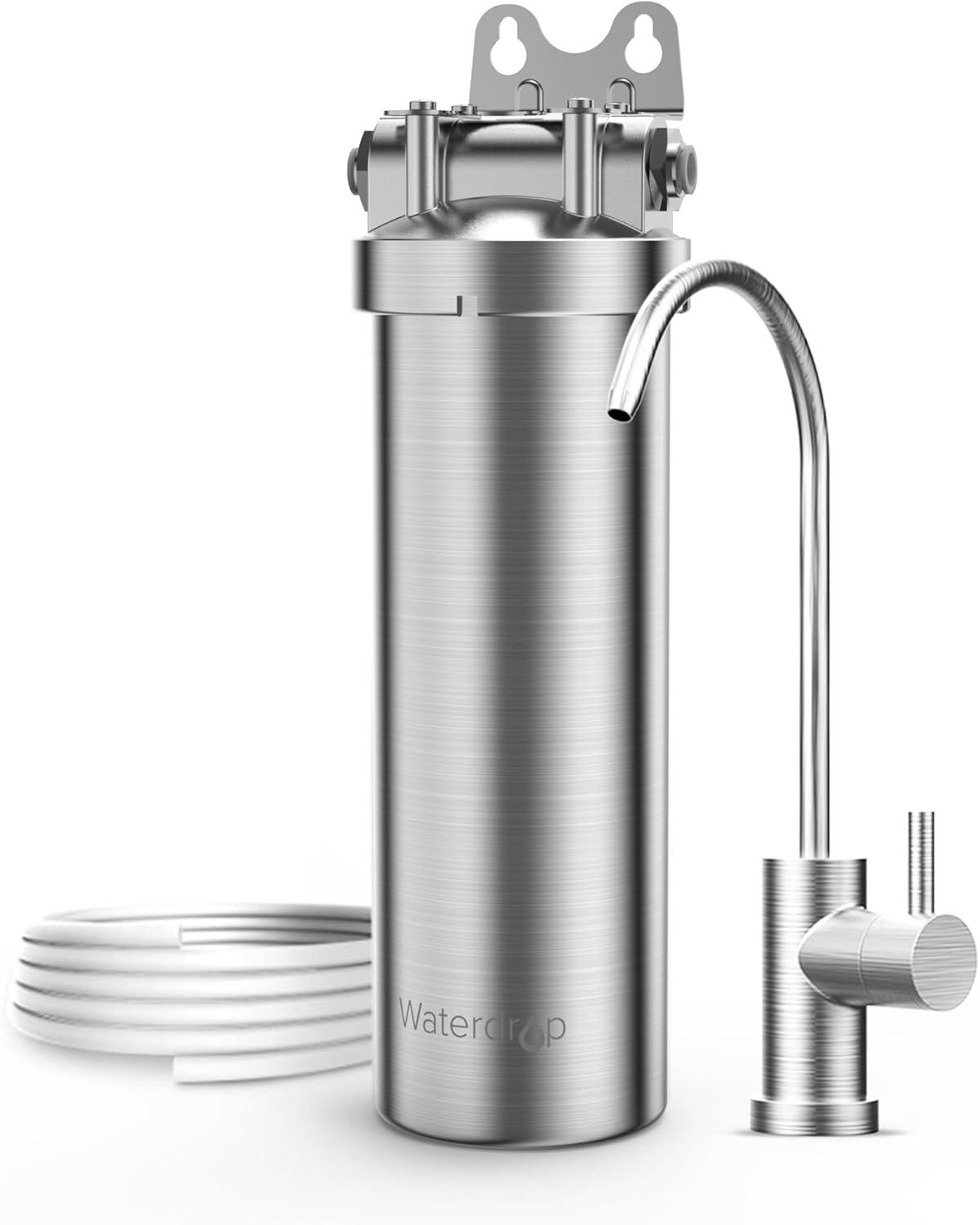 Waterdrop BS08 Under Sink Water Filter, 1 Year Lifetime Stainless Steel Water Filter System, Reduces Chlorine, Lead, Heavy Metals, Bad Taste& Odor (1 Filter & 1 Brushed Nickel Faucet Included)