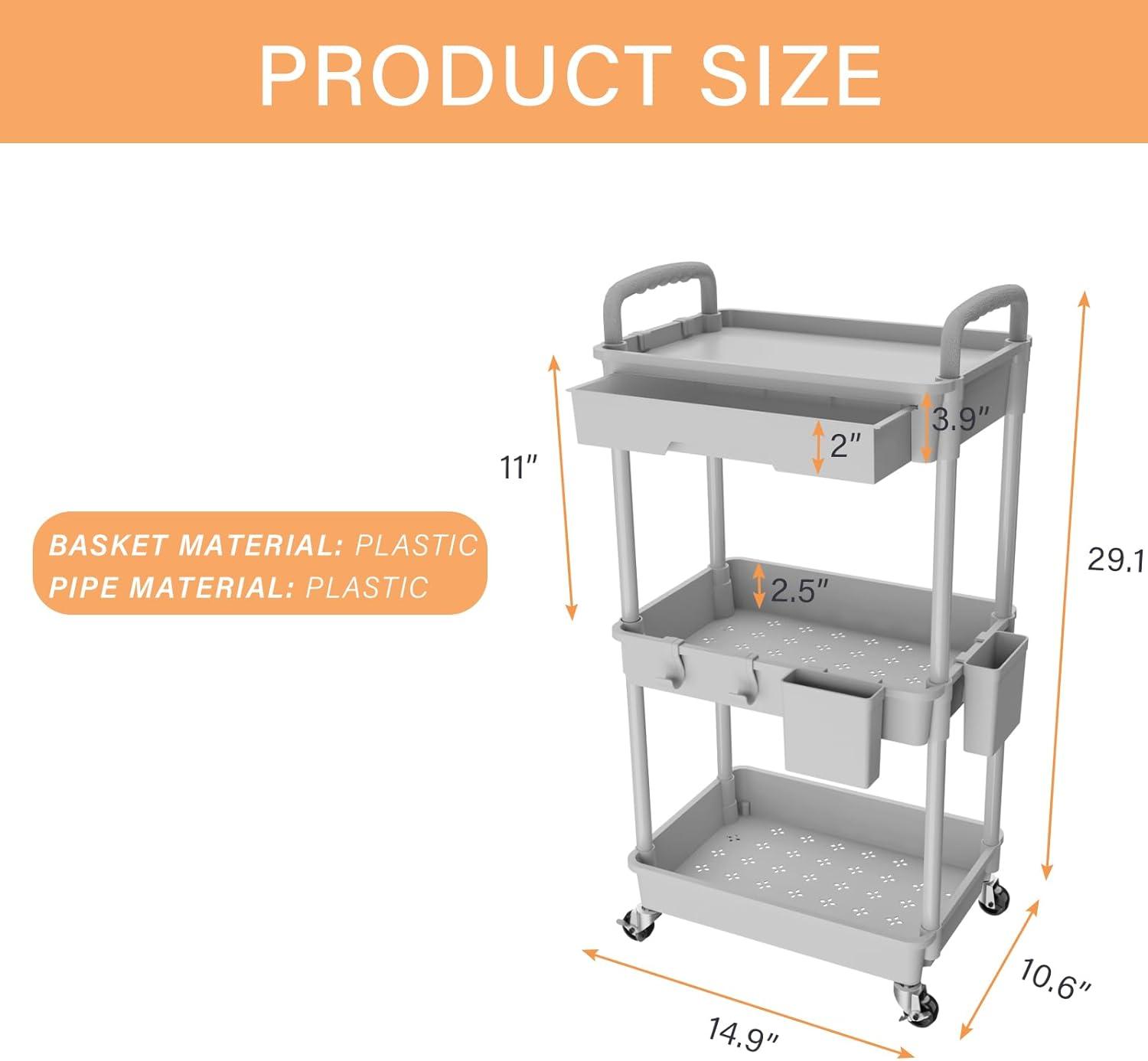 3 Tier Rolling Utility Cart with Drawer,REBECAT Utility Cart Made of Multifunctional Storage Organizer Tool for Kitchen,Bathroom,Living Room,Office(Gray)