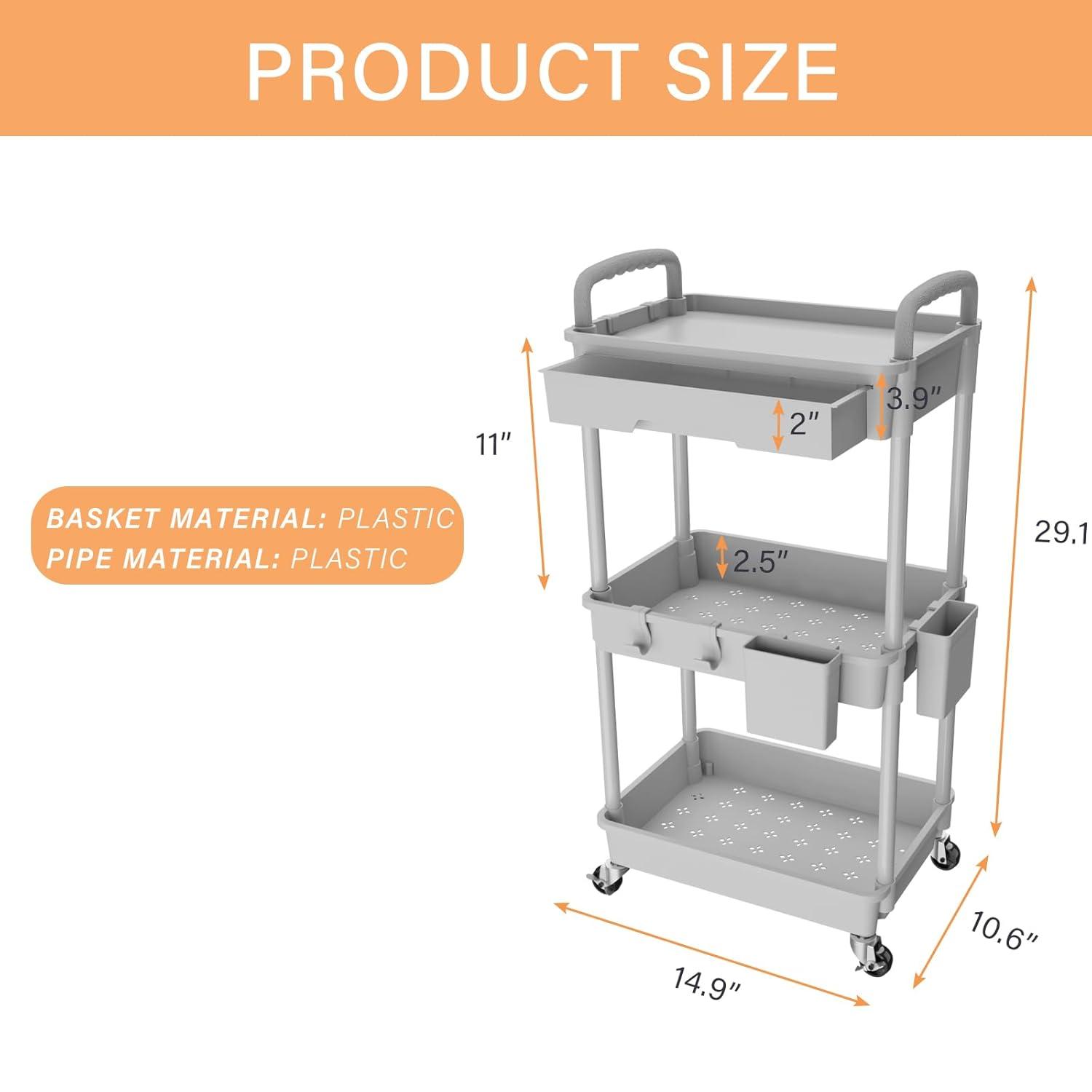3 Tier Rolling Utility Cart with Drawer,REBECAT Utility Cart Made of Multifunctional Storage Organizer Tool for Kitchen,Bathroom,Living Room,Office(Gray)