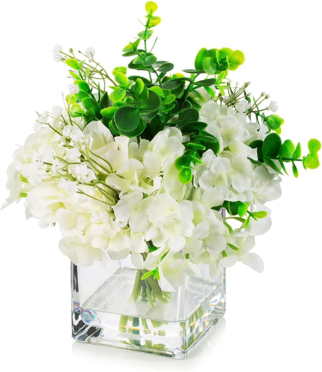 ENOVA FLORAL Faux Hydrangea Flowers with Vase, Mixed Fake Hydrangea Flowers and Greenery in Vase with Faux Water for Dining Table Decoration, Wedding Centerpieces