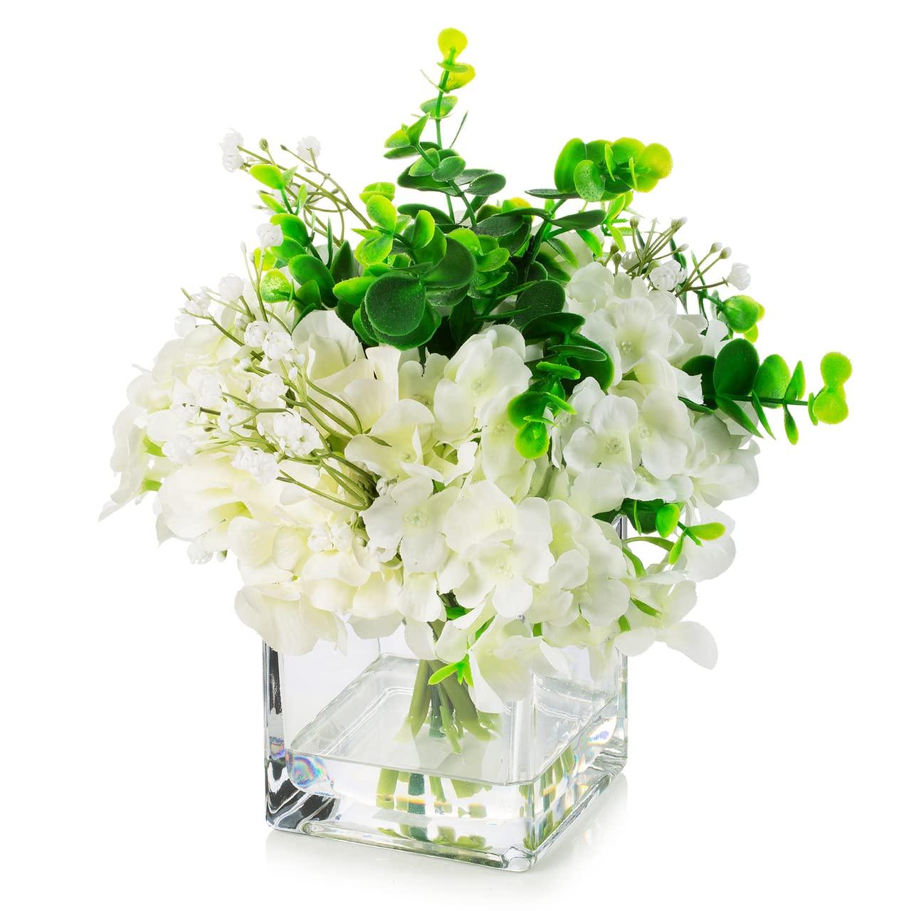 ENOVA FLORAL Faux Hydrangea Flowers with Vase, Mixed Fake Hydrangea Flowers and Greenery in Vase with Faux Water for Dining Table Decoration, Wedding Centerpieces