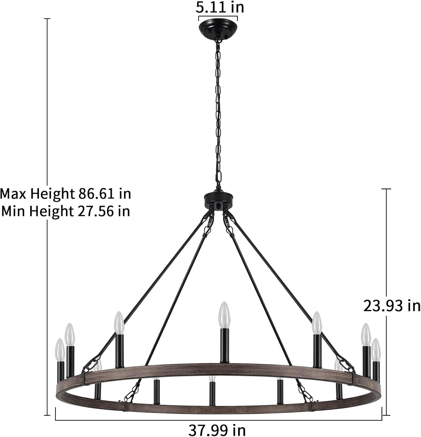 Black 38-Inch 12-Light Wagon Wheel Farmhouse Chandelier