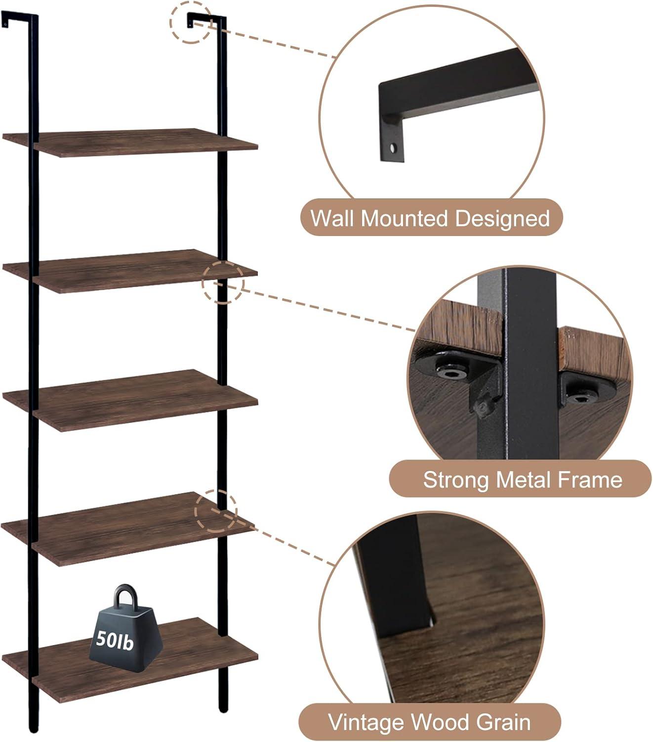 5-Tier Brown and Black Wall-Mounted Ladder Shelf