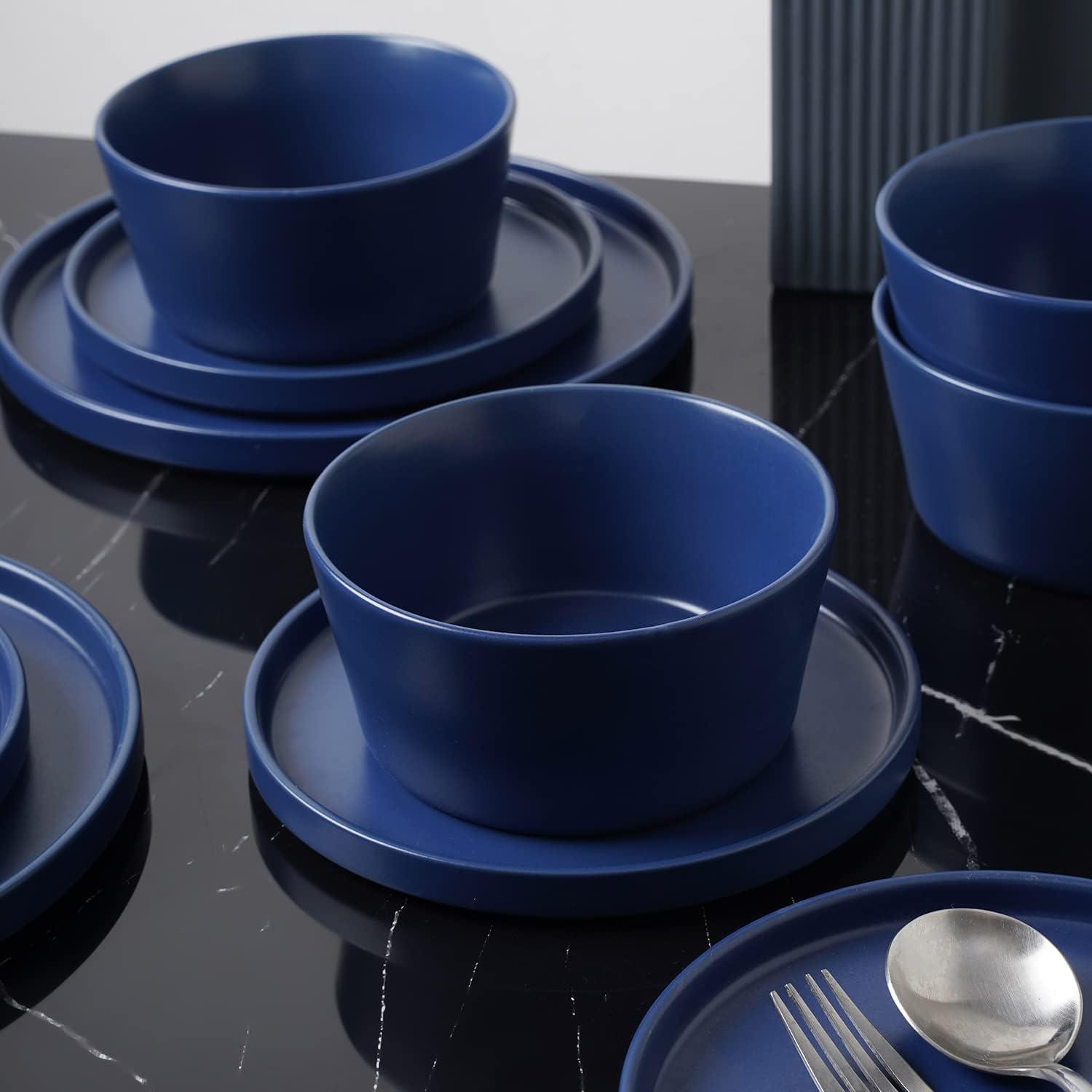 Blue Ceramic 16-Piece Solid Dinnerware Set for 8