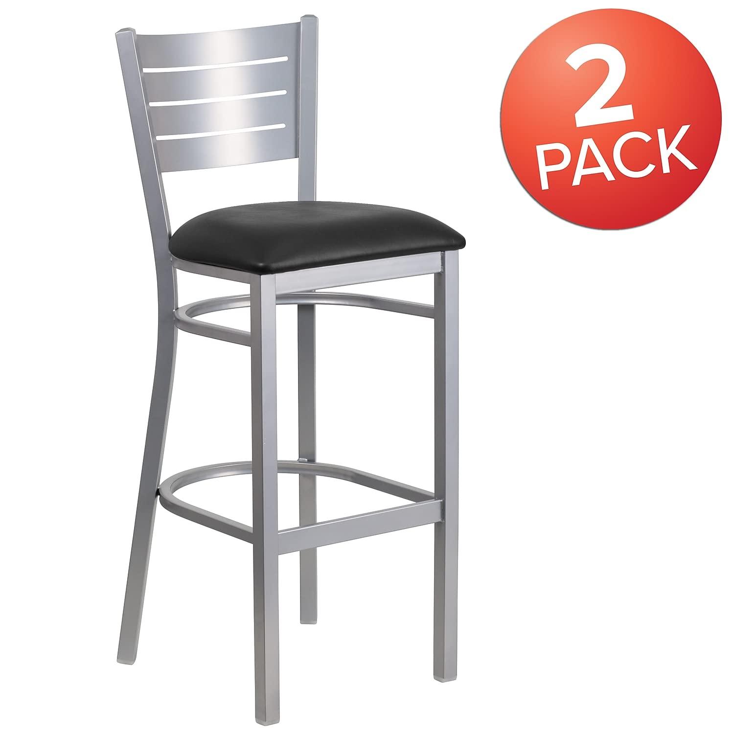 Flash Furniture 2 Pack HERCULES Series Silver Slat Back Metal Restaurant Barstool - Black Vinyl Seat