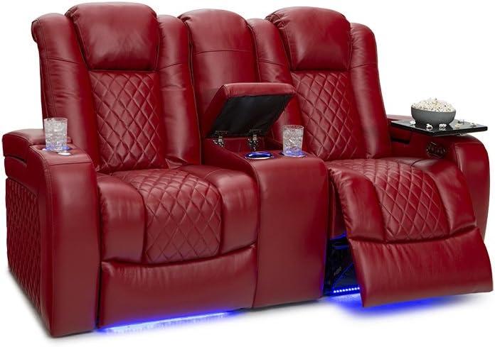 Seatcraft Anthem Home Theater Leather Loveseat Power Reclining 2-Row Seating with Power Headrest, LED lights, Center Table, Cupholders, AC/USB Outlets, and Hidden Storage in Red