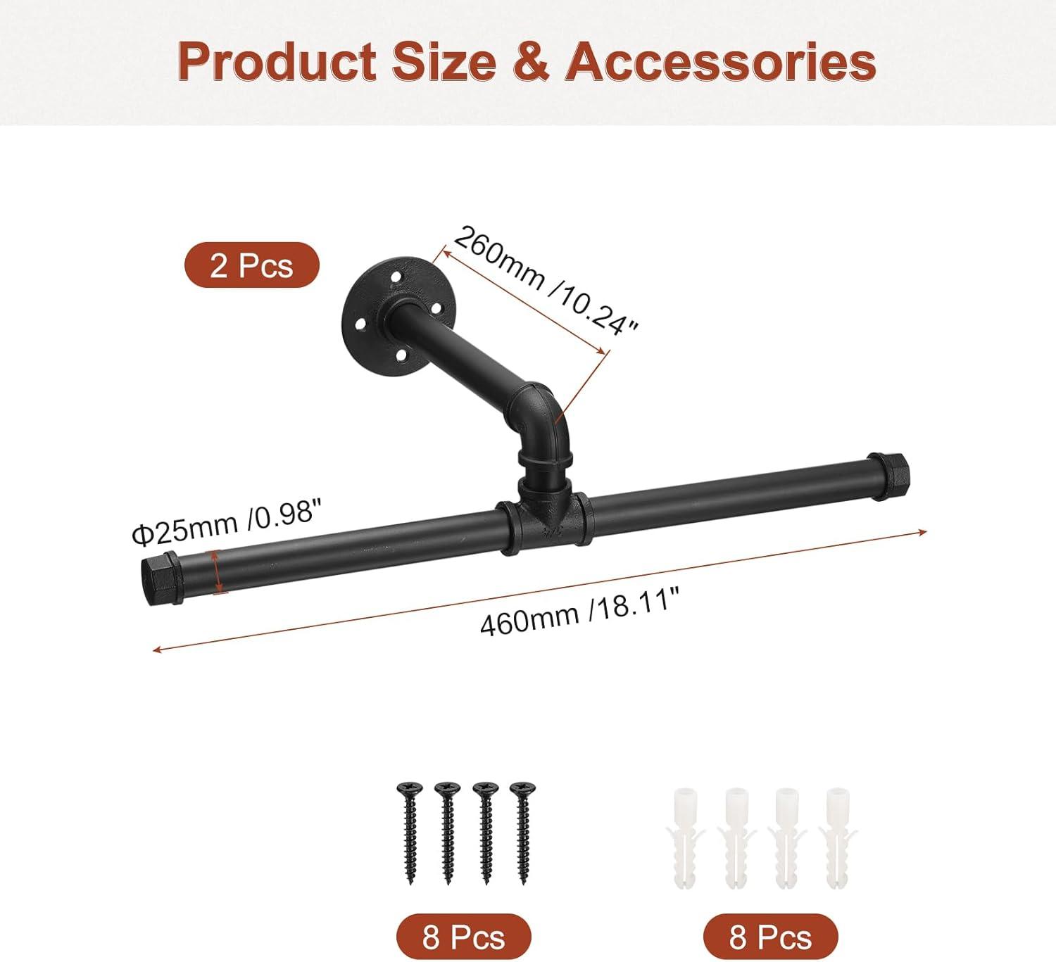 uxcell 2 Set Industrial Pipe Clothes Rack Wall Mounted, 18 Inch Clothing Rack for Hanging Clothes, Floating Metal Garment Bar for Bedroom, Bathroom, Clothing Store Black