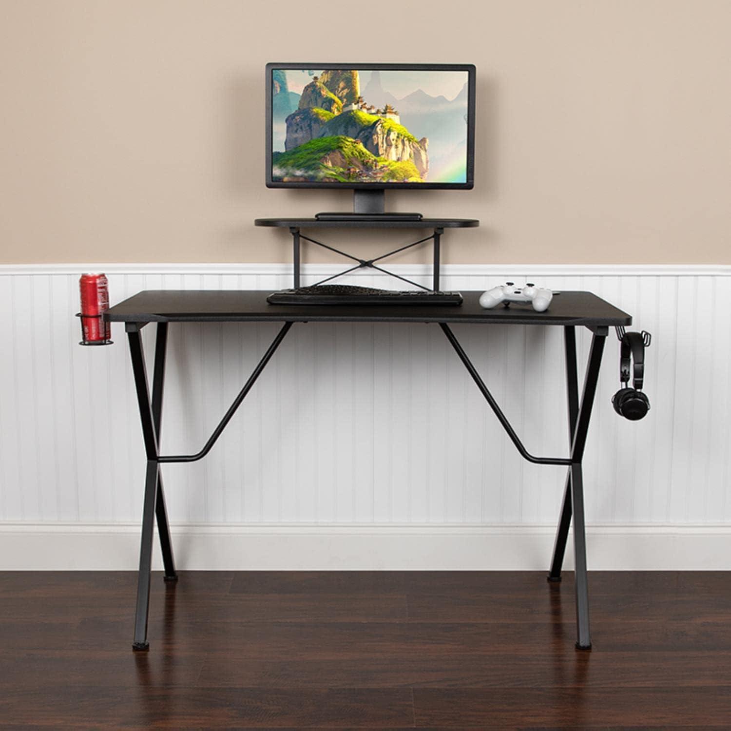 Flash Furniture Black Gaming Desk with Cup Holder, Headphone Hook, and Monitor/Smartphone Stand
