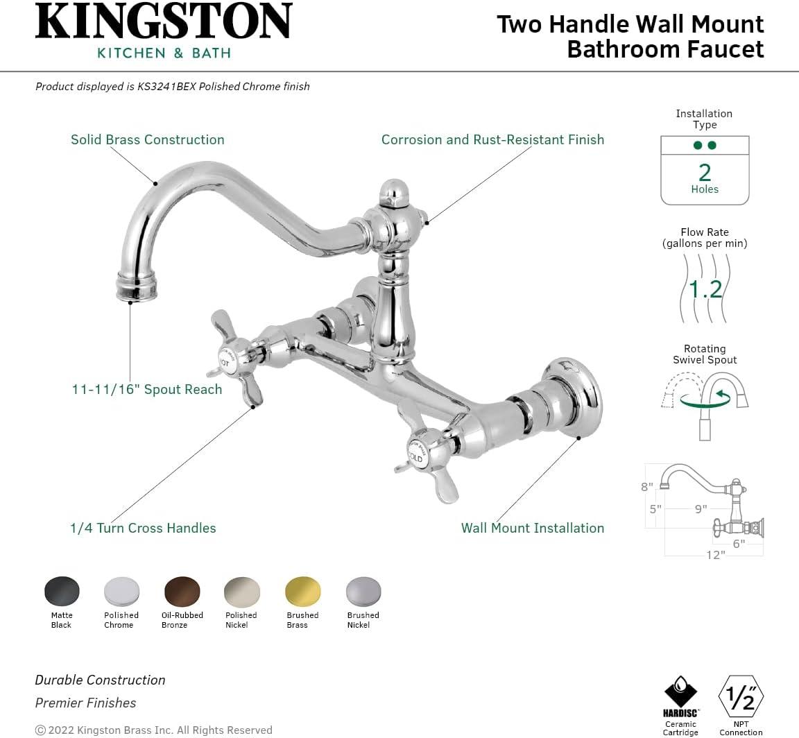 Kingston Brass KS3240BEX Essex Wall Mount Bathroom Faucet, Matte Black