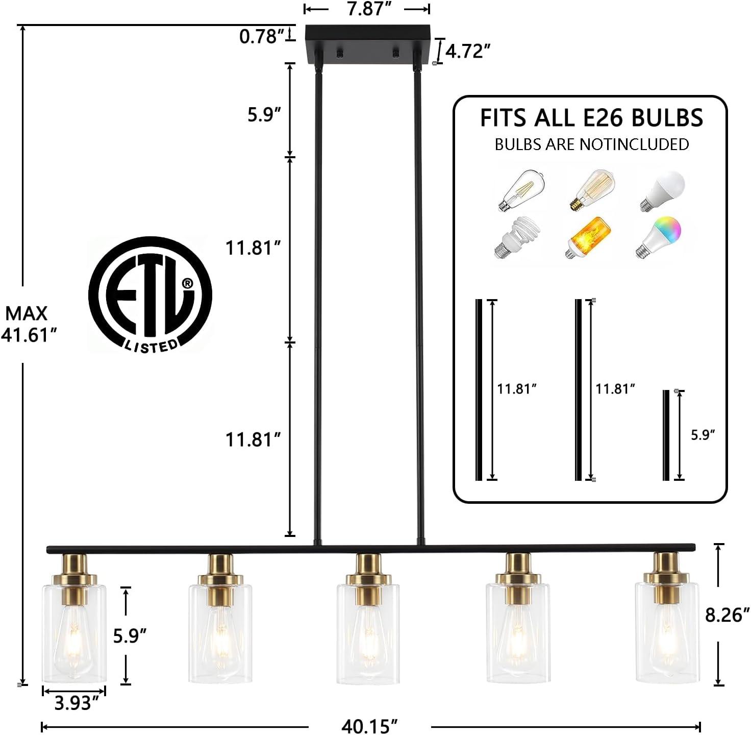 Island Light for Kitchen, 5 Lights Dining Room Lights Fixture with Clear Glass Shade, Matte Black and Gold Finish Pendant Lighting Over Table - ETL Listed