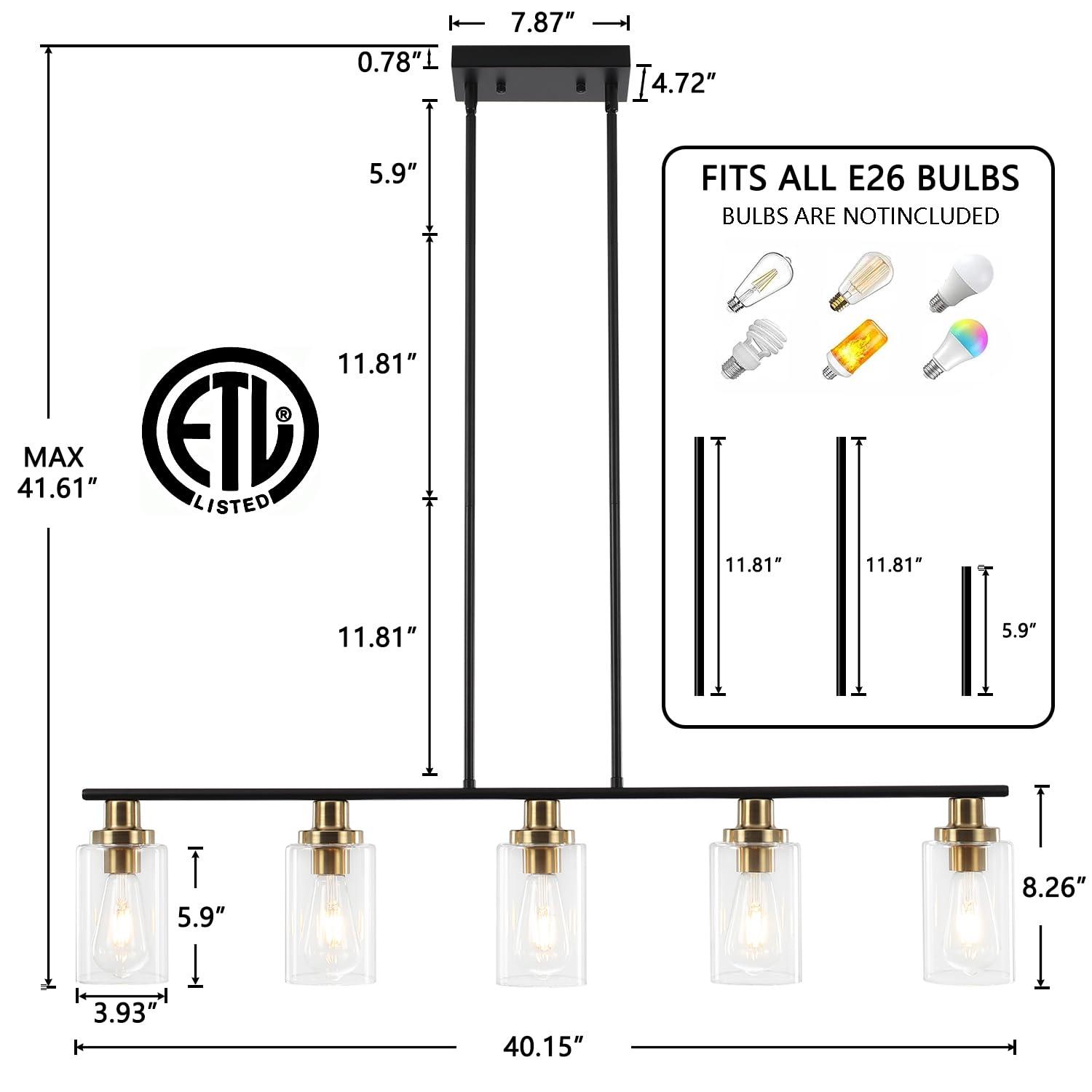 Island Light for Kitchen, 5 Lights Dining Room Lights Fixture with Clear Glass Shade, Matte Black and Gold Finish Pendant Lighting Over Table - ETL Listed