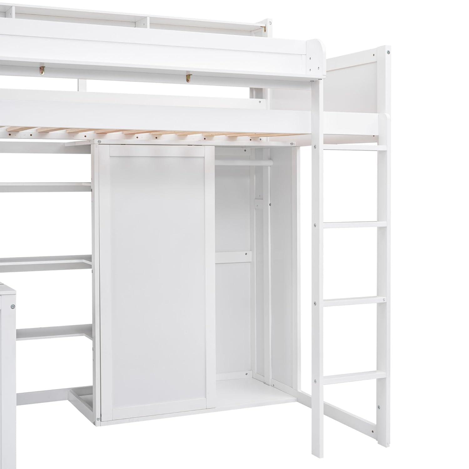 Harper & Bright Designs Twin Size Loft Bed with Storage Shelves and Wardrobe, Wood Loft Bed with Built-in Desk and Staircase for Adults Boys Girls, Space Saving