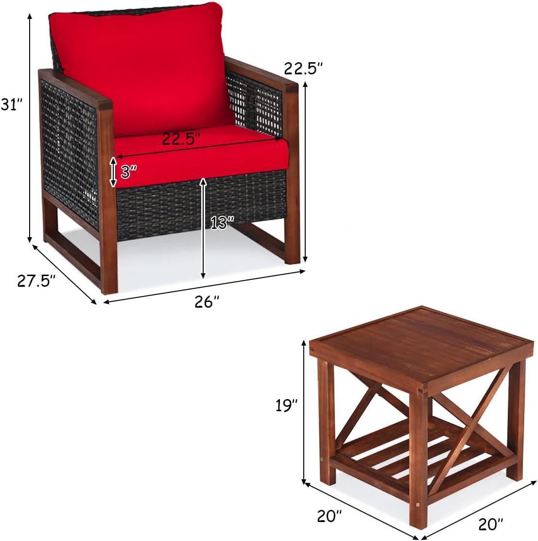 Costway 3PCS Patio Wicker Furniture Set Solid Wood Frame Cushion Sofa w/ Square Table Shelf Red