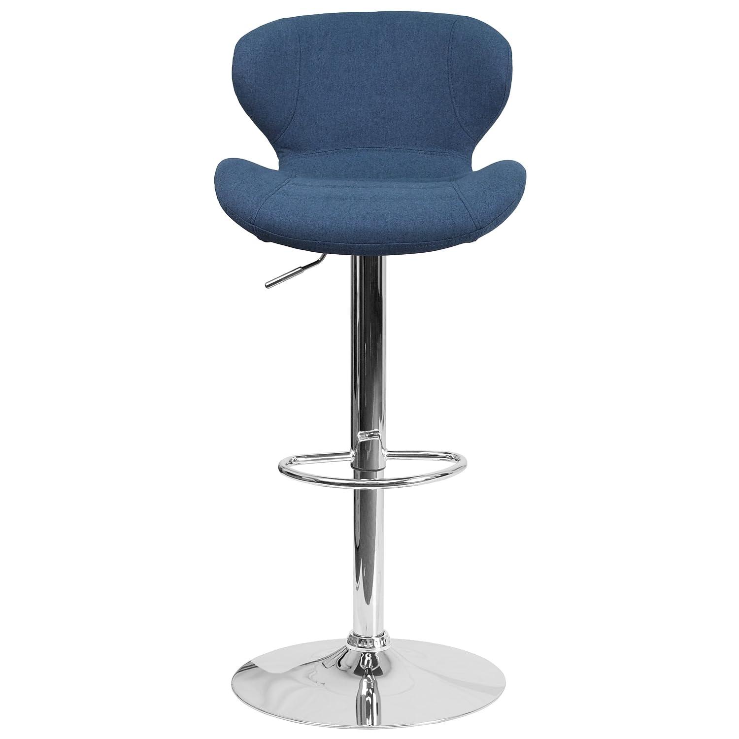 Flash Furniture Francis Contemporary Blue Fabric Adjustable Height Barstool with Curved Back and Chrome Base