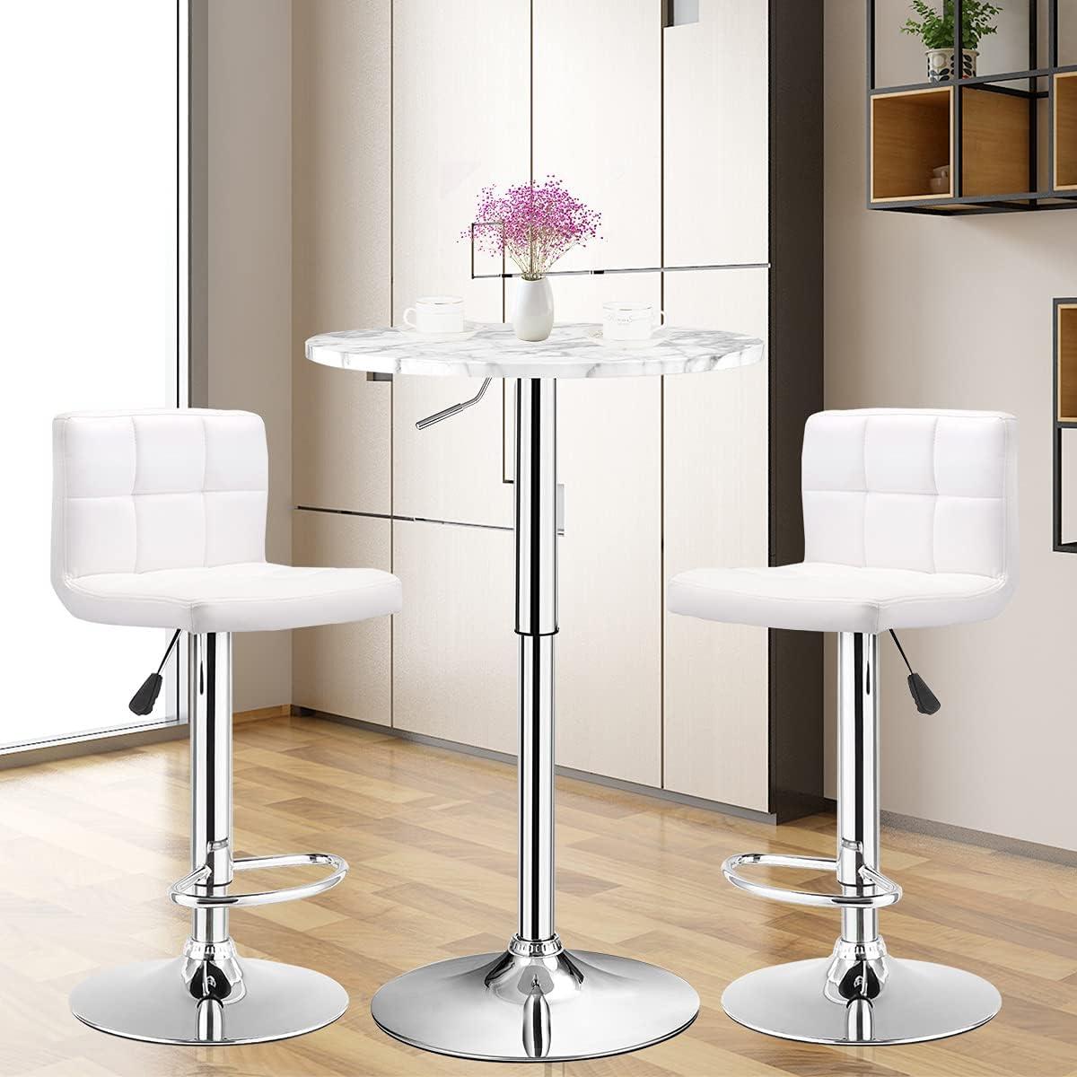 Gymax 4PCS Round Pub Table Swivel Adjustable Bar Table w/Faux Marble Top White