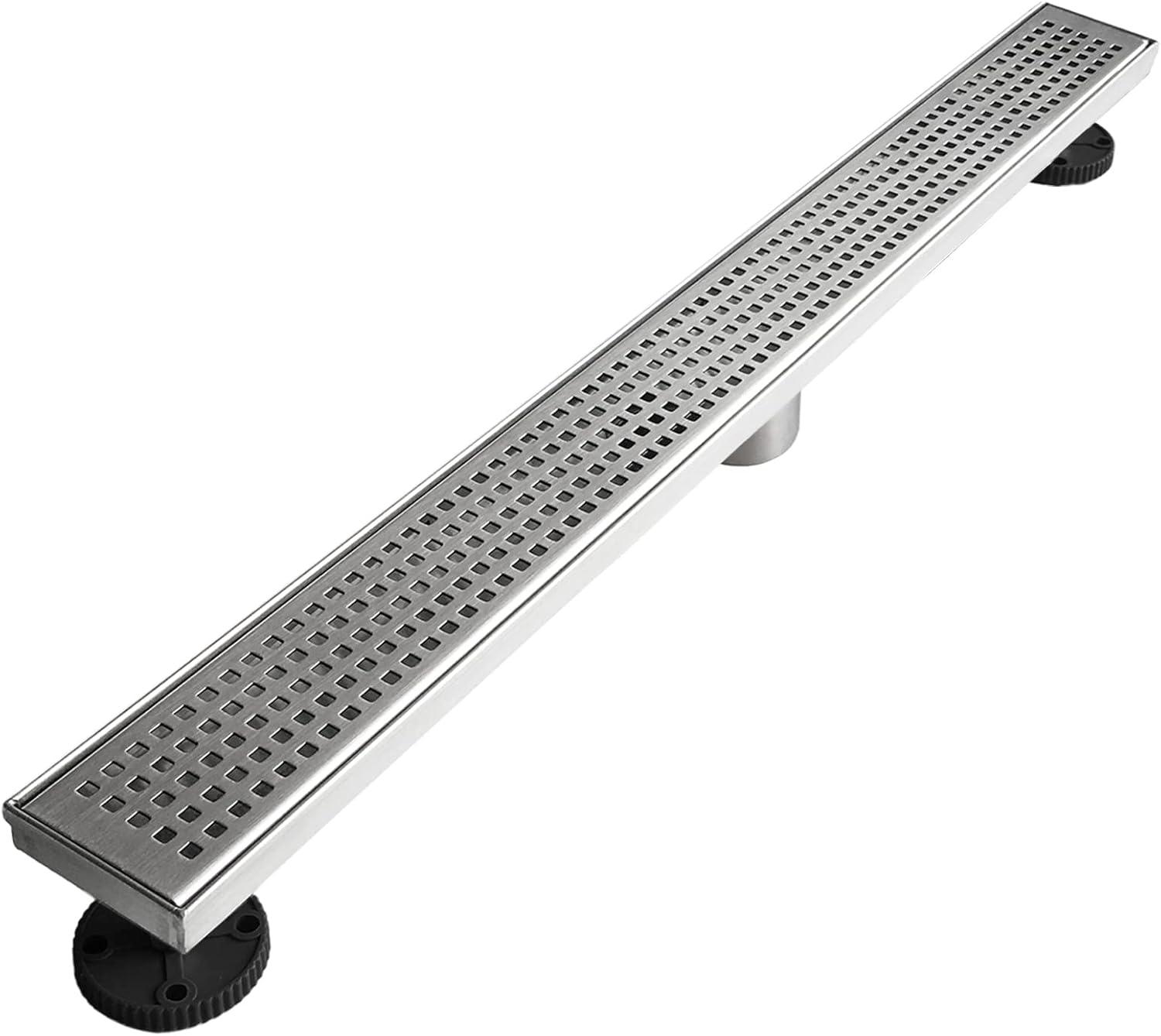 Neodrain 28-Inch Linear Shower Drain with Removable Quadrato Pattern Grate,Professional Brushed 304 Stainless Steel Rectangle Shower Floor Drain Manufacturer,with Leveling Feet,Hair Strainer 28 IN Brushed