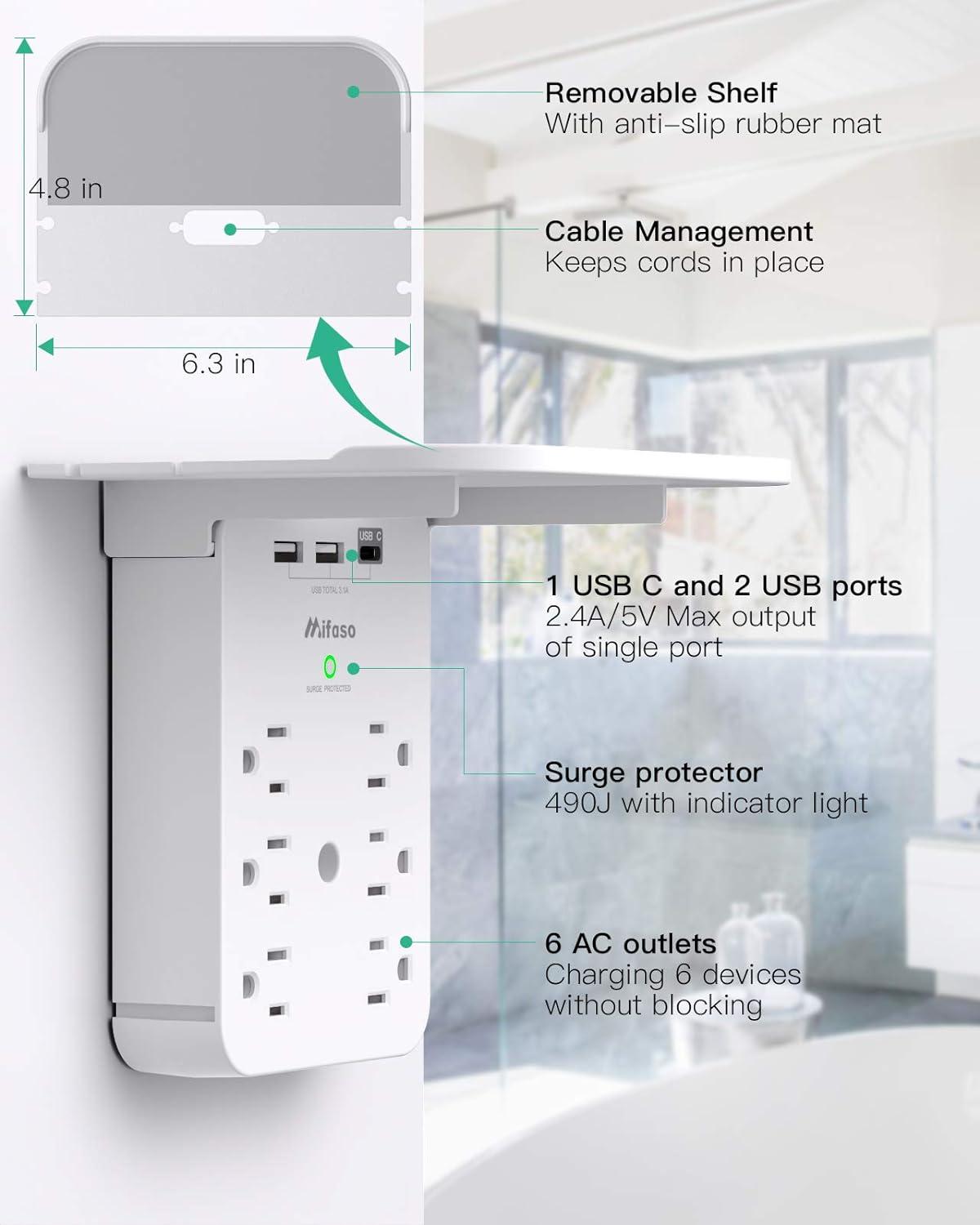 Wall Outlet Extender with Surge Protector, 6 AC Outlets, Shelf, 2 USB & USB C Charging Ports - Home & Dorm Plug