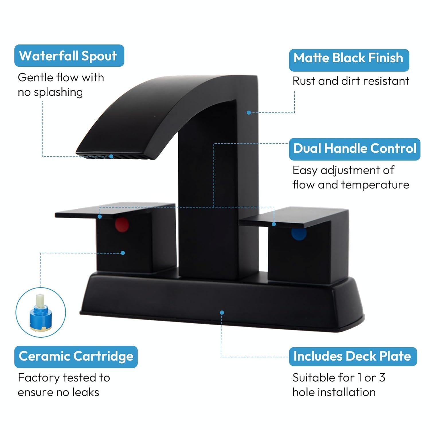 Matt Black Bathroom Sink Faucet 4 inch Bathroom Faucets for Sink 2-Handle Faucet with Pop-up Drain Vanity Faucet Modern