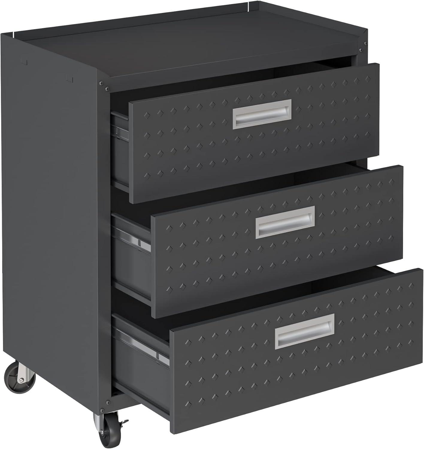 Fortress Textured Metal 31.5" Garage Mobile Chest with 3 Full Extension Drawers y