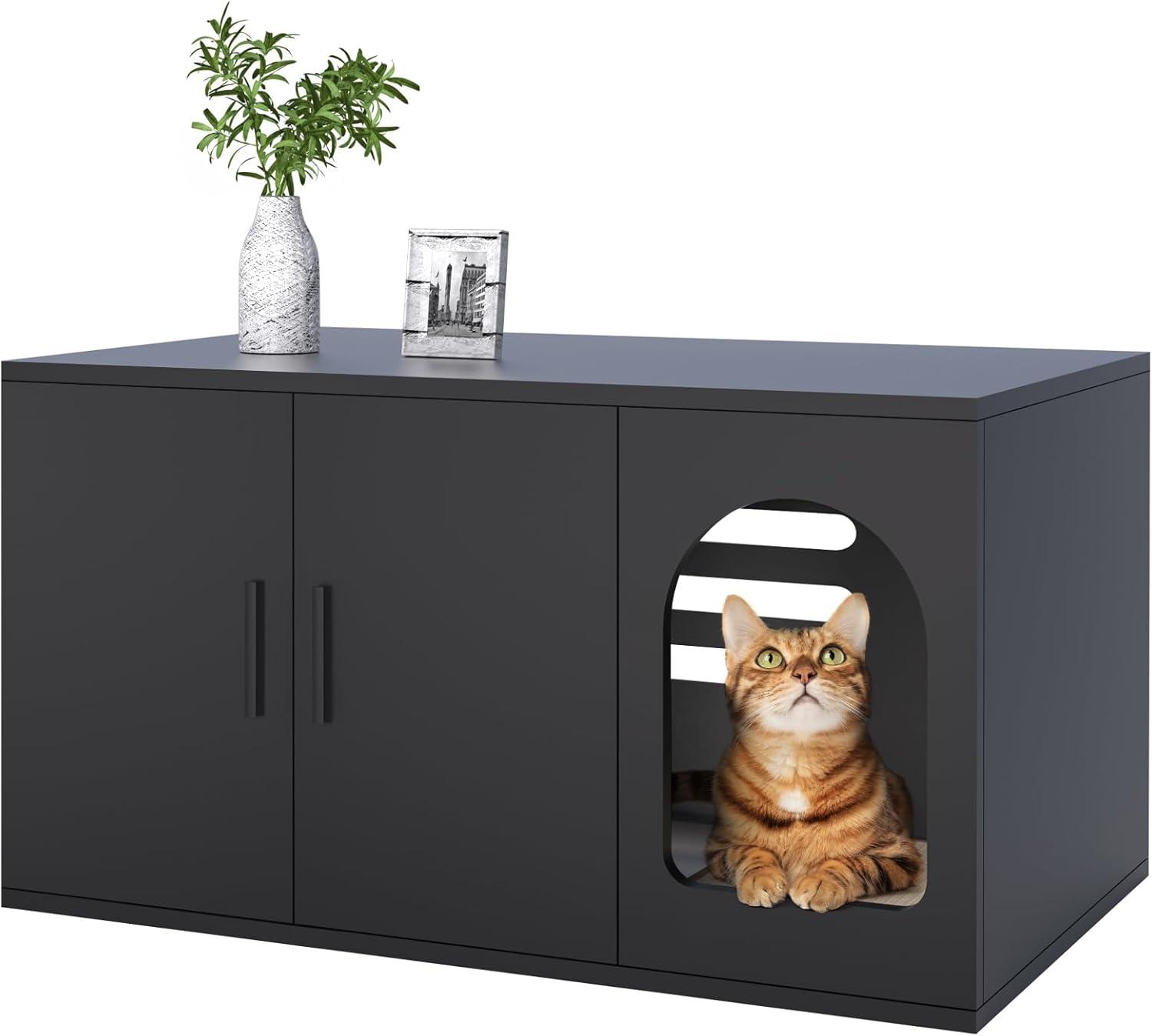 Amunrbrek Cat Litter Box Enclosure Furniture as End Side Table, Stackable Wooden Litter Box Furniture with Front-entry Cat Door , Black