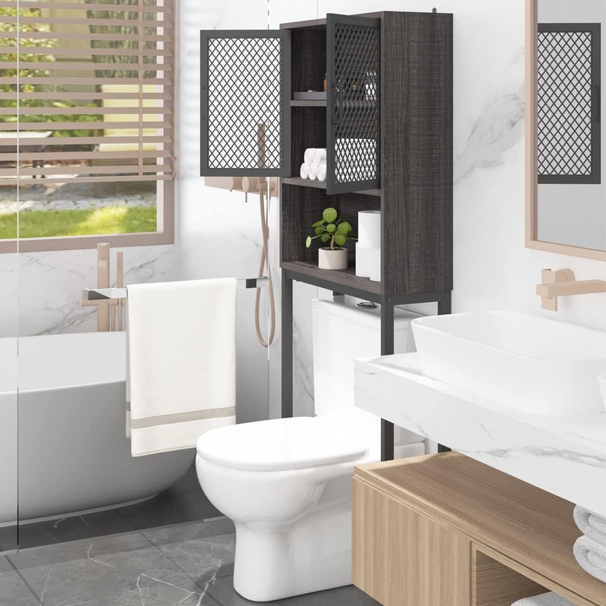 Dark Gray Oak Over-the-Toilet Storage Cabinet with Mesh Doors