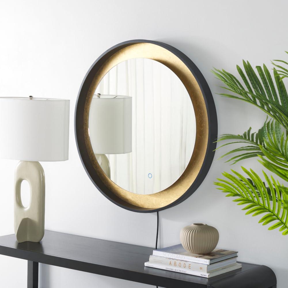 SAFAVIEH Erdem 30 Inch Aluminum Led Mirror, Black/Gold Leaf