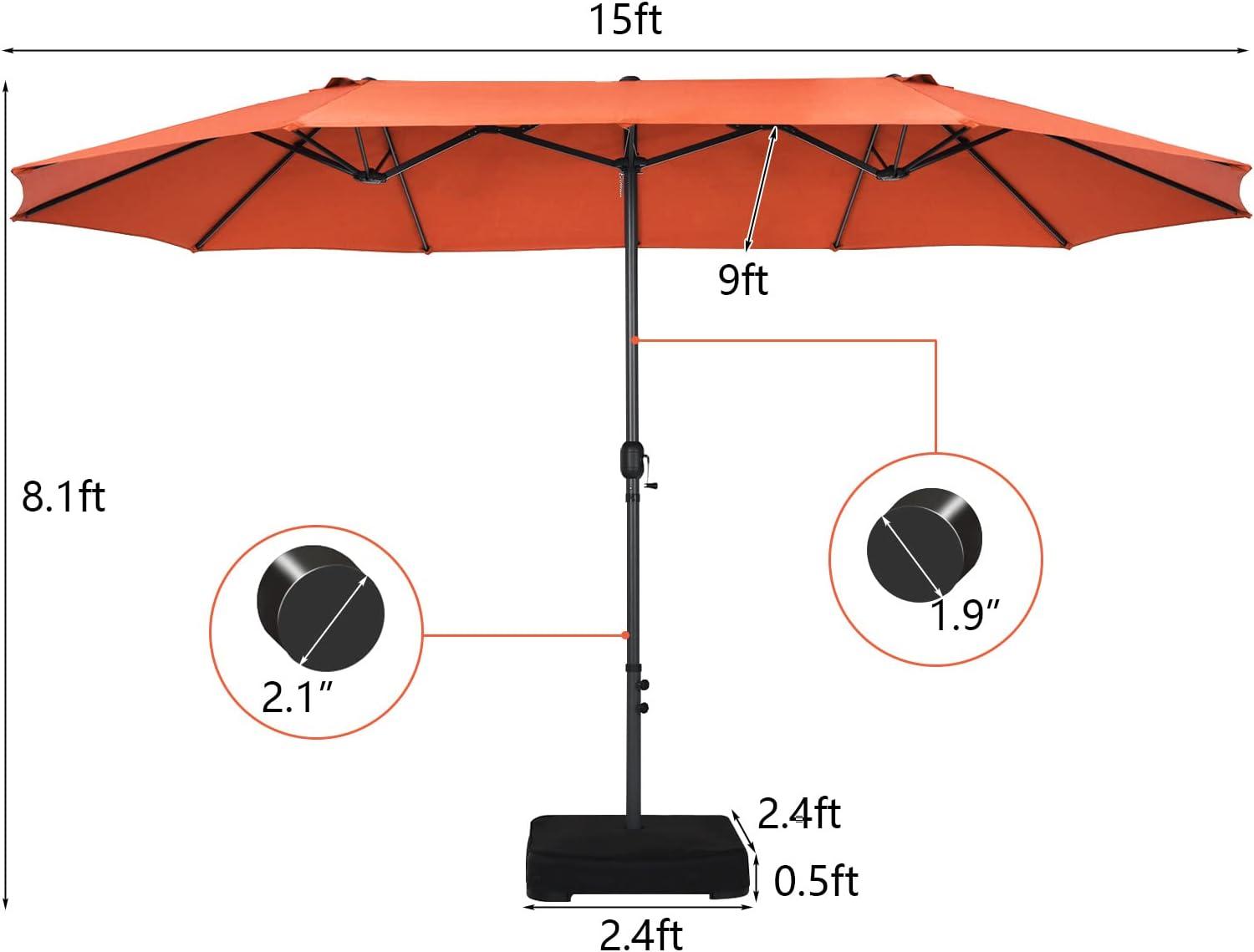 15 Ft Orange Double-Sided Patio Umbrella with Hand-Crank