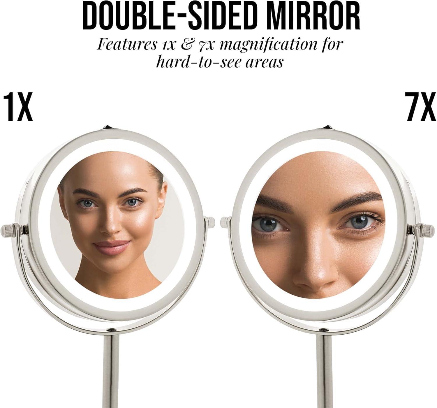 Ovente OVENTE 6" Lighted Makeup Mirror with 1X/7X Magnification, Cordless Tabletop Mount Vanity Round Mirror with 360° Swivel Design and Double Sided Cool Tone LED Ring Light, Nickel Brushed MLT60BR1X7X