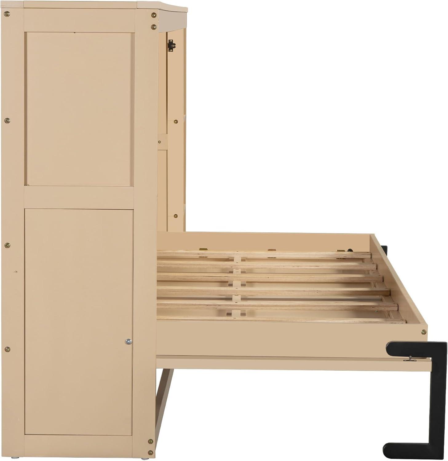 SOFTSEA Modern Murphy Bed Cabinet Bed with Bookshelf, Twin Size Foldable Platform Bed Frame with Storage Racks, for Home Guest Room Small Room, Natural