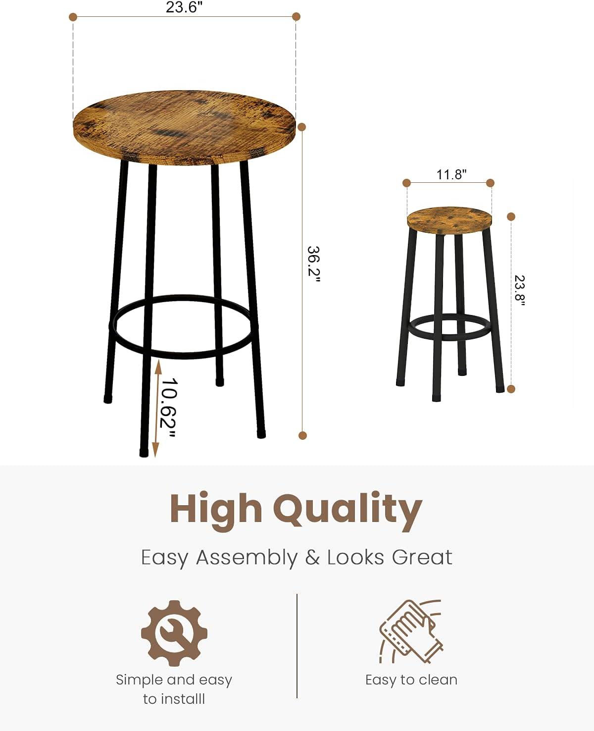 Recaceik 3 Piece Pub Dining Set, Modern Round bar Table and Stools for 2 Kitchen Counter Height Wood Top Bistro Easy Assemble for Breakfast Nook Living Room Small Space Restaurant, Rustic Brown