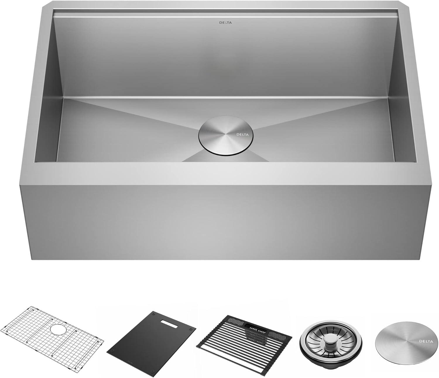 Delta Rivet™ 33" L Workstation Farmhouse Apron Front Kitchen Sink Undermount 16 Gauge Stainless Steel Single Bowl