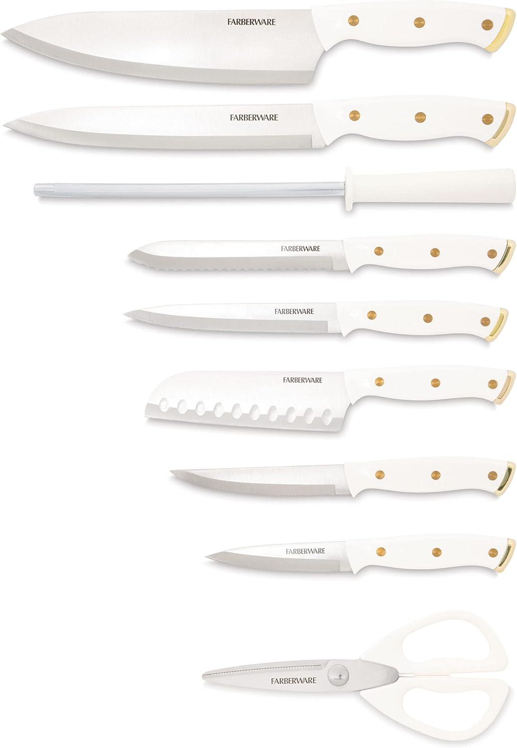 15-Piece White and Gold Stainless Steel Knife Set with Wood Block